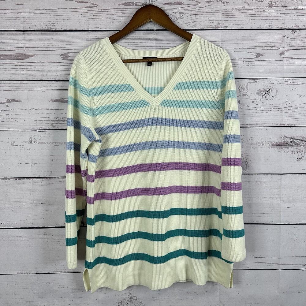 Talbots Sweater Womens 1X Striped Multicolor Knit Pull Over Chunky Crew Vneck‎